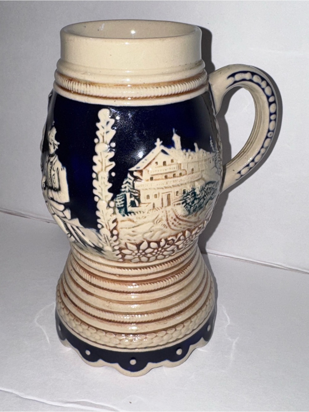 Marzi & Remy Blue & Ivory Relief Beer Mug/German Stein Village Scene No Lid 3050